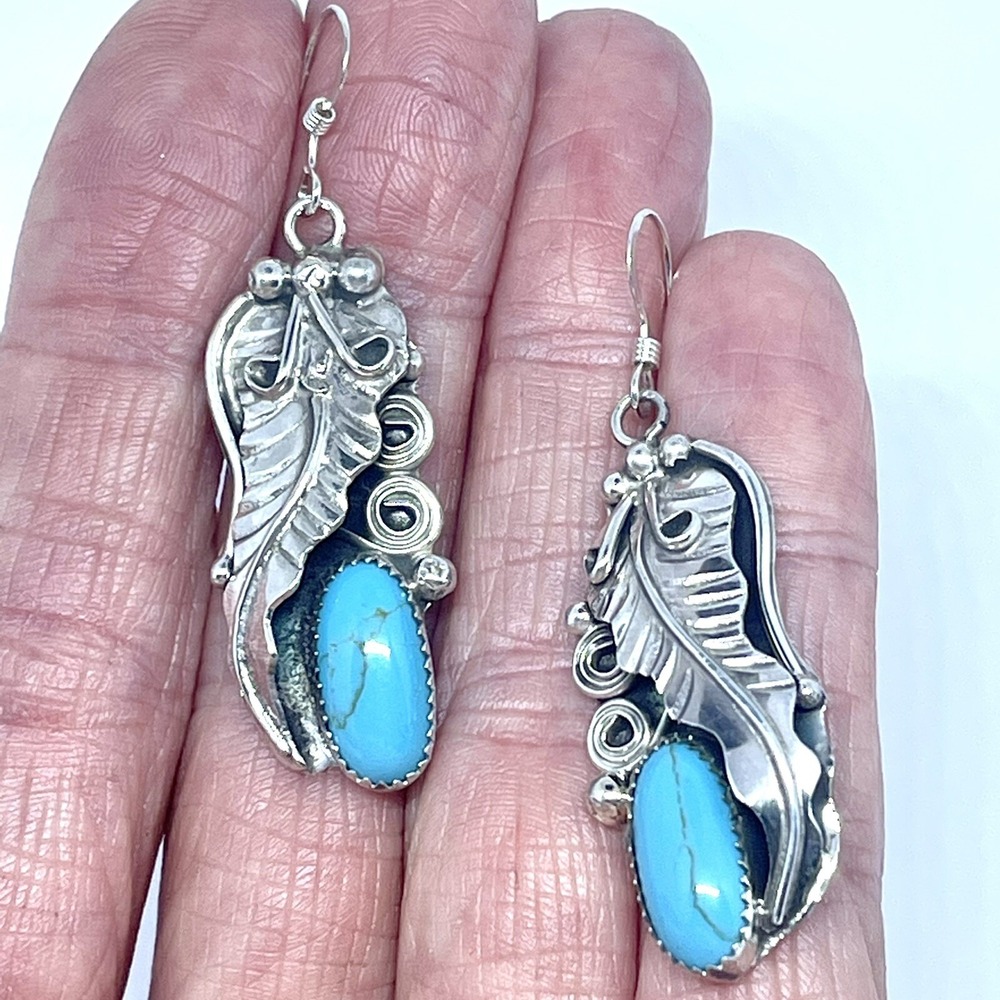 Navajo Turquoise Earrings 2" Sterling 925 Leaf Feather Signed HM Handmade Native